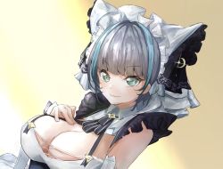 Rule 34 | 1girl, apron, aqua eyes, azur lane, blue hair, breasts, cheshire (azur lane), cleavage, closed mouth, commentary request, cowboy shot, detached sleeves, dress, frilled apron, frilled hairband, frilled headband, frilled ribbon, frills, hairband, hand on own chest, head tilt, jewelry, large breasts, looking at viewer, maid, maid headdress, multicolored hair, on bed, puffy detached sleeves, puffy sleeves, purple apron, purple hair, ribbon, sapota clone, simple background, smile, solo, streaked hair, yellow background