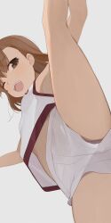 Rule 34 | 1girl, ;d, breasts, brown eyes, brown hair, female focus, grey background, highres, hiroki (yyqw7151), looking at viewer, misaka mikoto, one eye closed, open mouth, shorts, simple background, small breasts, smile, solo, split, sportswear, spread legs, standing, standing on one leg, standing split, teeth, thighs, toaru kagaku no railgun, toaru majutsu no index, upper teeth only, white shorts