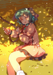 Rule 34 | 1girl, animal ears, bdsm, bondage, bound, brown dress, bug, butterfly, chained, chain, collar, dappled sunlight, dress, closed eyes, green hair, bug, kasodani kyouko, long sleeves, lying, on side, open mouth, slave, sleeping, solo, sunlight, touhou, yetworldview kaze