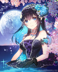 Rule 34 | 1girl, apple caramel, armpit crease, bare arms, bare shoulders, black dress, black gloves, black hair, blue eyes, blue flower, blue rose, blurry, blurry foreground, breasts, brooch, bubble, cleavage, closed mouth, cloud, collar, collarbone, commentary request, depth of field, dress, earrings, flower, full moon, gloves, hair flower, hair ornament, hair ribbon, head tilt, highres, horizon, idolmaster, idolmaster cinderella girls, jewelry, lace, lace-trimmed ribbon, lace trim, light particles, long hair, looking at viewer, medium breasts, moon, night, night sky, outdoors, partially submerged, petals, pink flower, ribbon, rose, sagisawa fumika, sidelocks, sky, sleeveless, sleeveless dress, smile, solo, star (sky), starry sky, strapless, strapless dress, water