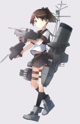Rule 34 | 1girl, adapted turret, bad id, bad pixiv id, black sailor collar, black skirt, brown hair, full body, grey background, highres, kantai collection, looking at viewer, machinery, original remodel (kantai collection), pleated skirt, ponytail, sailor collar, school uniform, serafuku, shikinami (kancolle), short hair, short ponytail, simple background, skirt, smokestack, solo, standing, weasel (close-to-the-edge)