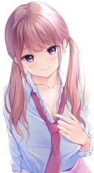 Rule 34 | 1girl, bad id, bad twitter id, blush, breasts, brown hair, cleavage, collared shirt, commentary request, dress shirt, hand on own chest, highres, loose necktie, necktie, original, partially unbuttoned, pasdar, purple eyes, red necktie, school uniform, shirt, simple background, sleeves pushed up, smile, solo, white background