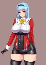 Rule 34 | blue hair, breasts, gloves, ishimiso (ishimura), large breasts, pencil skirt, red eyes, skin tight, skirt, thick thighs, thighhighs, thighs
