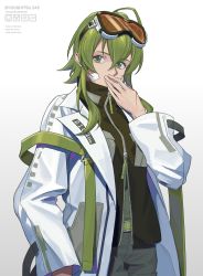 Rule 34 | 1girl, bandage on face, bandages, belt, black jacket, commentary, covering own mouth, cowboy shot, goggles, goggles on head, green eyes, green hair, gumi, hand up, highres, jacket, short hair with long locks, sidelocks, sideways glance, solo, vocaloid, white jacket, wounds404, zipper, zipper pull tab