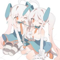 Rule 34 | 2girls, ahoge, animal collar, animal ears, aqua dress, bare shoulders, between breasts, bow, bow panties, breasts, carrot, cleavage, collar, daizu (melon-lemon), detached collar, dress, elbow gloves, extra ears, fake animal ears, full body, gloves, gradient hair, grey thighhighs, hands on own chest, holding, holding carrot, kneehighs, leash, long hair, looking at viewer, loose socks, mary janes, matching outfits, medium breasts, multicolored hair, multiple girls, necktie, necktie between breasts, on floor, one eye closed, open mouth, orange eyes, orange footwear, orange necktie, original, panties, pantyshot, parted lips, pink hair, rabbit girl, rabbit tail, seiza, shoes, short dress, sitting, small breasts, smile, socks, strapless, strapless dress, striped clothes, striped thighhighs, tail, thigh gap, thighhighs, tile floor, tiles, twintails, underwear, very long hair, white background, white gloves, white hair, white panties, white socks