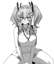 Rule 34 | 1girl, azur lane, blush, breasts, bremerton (azur lane), bremerton (scorching-hot training) (azur lane), cleavage, closed mouth, commentary, crop top, greyscale, hair intakes, looking at viewer, medium hair, mole, mole on breast, monochrome, navel, official alternate costume, onkn sxkn, simple background, sitting, skirt, smile, solo, two side up