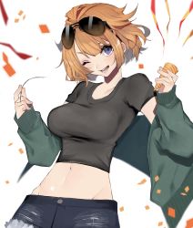 Rule 34 | 1girl, ;d, absurdres, aviator sunglasses, black shirt, blush, breasts, brown hair, collarbone, commentary request, commission, cowboy shot, crop top, cutoffs, denim, denim shorts, eyebrows hidden by hair, eyewear on head, girls&#039; frontline, green jacket, grizzly mkv (girls&#039; frontline), groin, hair between eyes, highres, holding, holding party popper, holding string, jacket, large breasts, looking at viewer, midriff, navel, off shoulder, one eye closed, open mouth, party popper, purple eyes, shirt, short hair, short sleeves, shorts, simple background, skeb commission, smile, solo, standing, string, sunglasses, taut clothes, taut shirt, teeth, tsunami samemaru, white background