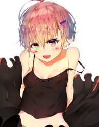 Rule 34 | 1girl, absurdres, bare shoulders, blush, blush stickers, breasts, collarbone, green eyes, hair ornament, hairclip, heterochromia, highres, huaimeng, looking at viewer, open mouth, original, pointy ears, red eyes, red hair, short hair, small breasts, smile, solo, spaghetti strap, sweat