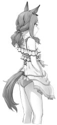 Rule 34 | 1girl, absurdres, animal ears, ass, babydoll, breasts, flower, frilled babydoll, frilled panties, frills, from side, greyscale, hair flower, hair ornament, highres, horse ears, horse girl, horse tail, low twintails, mejiro mcqueen (ripple fairlady) (umamusume), mejiro mcqueen (umamusume), monochrome, panties, profile, sidelocks, small breasts, solo, tail, twintails, umamusume, underwear, uzuki noboru (denchuu shoujo)