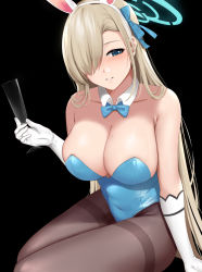 Rule 34 | 1girl, animal ears, asuna (blue archive), asuna (bunny) (blue archive), bare shoulders, black background, black pantyhose, blue archive, blue bow, blue bowtie, blue eyes, blue pantyhose, blush, bow, bowtie, breasts, cleavage, collarbone, commentary, covered navel, cup, detached collar, english commentary, fake animal ears, gloves, hair over one eye, hairband, halo, hand up, holding, holding cup, kauru00, large breasts, legs together, leotard, light brown hair, long hair, looking at viewer, mole, mole on breast, pantyhose, playboy bunny, rabbit ears, simple background, sitting, smile, solo, straight hair, strapless, strapless leotard, thighband pantyhose, traditional bowtie, very long hair, white gloves, white hairband