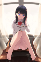 Rule 34 | 1girl, ass, backlighting, bare legs, barefoot, black hair, black skirt, blue eyes, blush, bow, bowtie, breasts, cait aron, collared shirt, curtains, desk, feet, gridman universe, hand in own hair, highres, knees together feet apart, long hair, long sleeves, looking at viewer, miniskirt, open mouth, orange scrunchie, panties, red bow, red bowtie, school uniform, scrunchie, shirt, sitting, skirt, small breasts, solo, ssss.gridman, straight hair, sweater, swept bangs, takarada rikka, thighs, toes, underwear, white panties, white shirt, white sweater, window, wrist scrunchie