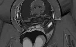 Rule 34 | 10s, 1girl, faux traditional media, from below, girls und panzer, greyscale, highres, jacket, kotoyama, looking at viewer, monochrome, nishizumi miho, ooarai military uniform, pleated skirt, shadow, skirt, solo, standing, sweatdrop, tank interior, thighs, upskirt, vehicle interior