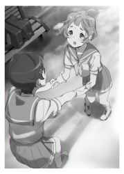 Rule 34 | 2girls, :o, bag, bench, blush, from above, greyscale, hair ornament, hairclip, hibike! euphonium, holding hands, kamo kamen, katou hazuki, kawashima sapphire, kitauji high school uniform, looking at another, monochrome, multiple girls, neckerchief, open mouth, outdoors, outstretched arms, pleated skirt, sailor collar, school bag, school uniform, serafuku, shirt, shoes, short hair, short sleeves, skirt, smile, socks, standing