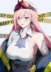Rule 34 | 1girl, absurdres, arm tattoo, breasts, collared shirt, earrings, eyewear on head, girls&#039; frontline, gradient eyes, highres, jewelry, large breasts, long hair, mole, mole on armpit, mole under eye, multicolored eyes, neck tattoo, pink hair, purple eyes, red eyes, safety glasses, saiun sigma, shirt, sig mcx (girls&#039; frontline), solo, spade (shape), spade earrings, tattoo, torn clothes, torn shirt, upper body, white shirt