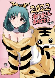 Rule 34 | 1girl, 2022, akeome, animal costume, animal print, arm support, artist name, breasts, brown eyes, chinese zodiac, cleavage, closed mouth, commentary request, fur collar, green hair, hair ribbon, happy new year, highres, idolmaster, idolmaster million live!, looking at viewer, medium breasts, new year, off shoulder, ponpon, ribbon, signature, sitting, smile, solo, tiger costume, tiger print, tokugawa matsuri, translated, year of the tiger, yellow ribbon, yokozuwari