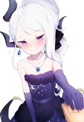 Rule 34 | 1girl, absurdres, bare shoulders, blue archive, dress, elbow gloves, gloves, hand to hand, highres, lilcat, looking at viewer, purple dress, purple eyes, simple background, solo, white hair