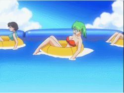 Rule 34 | 1girl, animated, animated gif, ass, bikini, bouncing breasts, breasts, cameltoe, cleavage, eel, eiken, glasses, green hair, innertube, large breasts, lowres, swim ring, swimsuit, tororo (character), twintails, underwater, water