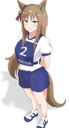 Rule 34 | 1girl, absurdres, animal ears, arms behind back, blue eyes, blue shorts, blush, brown hair, commentary request, ear ornament, full body, grass wonder (umamusume), highres, horse ears, horse girl, horse tail, long hair, looking at viewer, miya nns35, open mouth, original race uniform (umamusume), race bib, shadow, shoes, short sleeves, shorts, simple background, skirt, sneakers, solo, tail, umamusume, white background, white skirt