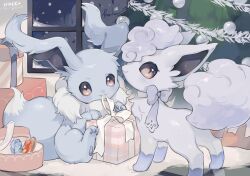 Rule 34 | :3, alolan form, alolan vulpix, alternate color, blue bow, bow, bowtie, brown eyes, christmas, christmas ornaments, christmas tree, commentary, creatures (company), eevee, evolutionary stone, fire stone, floor, fur rug, game freak, gen 1 pokemon, gen 7 pokemon, gift, hideko (l33l3b), highres, ice stone, indoors, looking back, mouth hold, night, nintendo, on floor, pokemon, pokemon (creature), ribbon, ribbon in mouth, rug, shiny pokemon, signature, sitting, smile, snow, snowing, standing, symbol-only commentary, tinsel, tree, twitter username, vulpix, white fur, white ribbon, window
