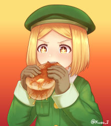Rule 34 | + +, 1girl, blonde hair, brown eyes, brown gloves, butter, eating, eyebrows, fate/grand order, fate (series), food, gloves, green headwear, green shirt, hat, highres, holding, holding food, jacy, long sleeves, open mouth, pancake, paul bunyan (fate), red background, shirt, simple background, syrup, teeth, twitter username, upper body