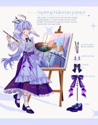 Rule 34 | 1girl, alternate costume, alternate hairstyle, apron, aqua eyes, blue footwear, bow, bowtie, closed mouth, earrings, english text, frilled skirt, frills, full body, hair between eyes, halo, head wings, high ponytail, highres, holding, holding paintbrush, honkai: star rail, honkai (series), jewelry, leize yi, long hair, long skirt, long sleeves, looking at viewer, paintbrush, ponytail, purple hair, purple ribbon, purple skirt, ribbon, robin (honkai: star rail), shirt, skirt, smile, socks, solo, standing, white shirt, white socks, white wings, wings