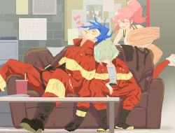 Rule 34 | 1girl, 2boys, aina ardebit, blonde hair, blue hair, couch, cup, dirty, dirty face, closed eyes, firefighter, firefighter jacket, galo thymos, gloves, green hair, highres, jacket, lio fotia, multiple boys, open mouth, pink hair, promare, rice (rice8p), side ponytail, sleeping, sleeping on person, smile, spiked hair, suspenders