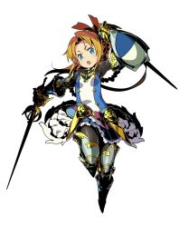 Rule 34 | 1girl, :o, arm up, armor, armored boots, blonde hair, blue eyes, boots, braid, buckler, etrian odyssey, fencer (sekaiju), french braid, gauntlets, highres, himukai yuuji, holding, holding sword, holding weapon, looking at viewer, official art, open mouth, shield, simple background, skirt, solo, sword, teeth, thigh boots, thighhighs, upper teeth only, weapon, white background