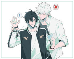 Rule 34 | !, 2boys, arm up, black hair, black jacket, black shirt, blue eyes, cheng xiaoshi, chinese commentary, closed mouth, commentary request, hair between eyes, highres, holding, holding another&#039;s wrist, holding photo, jacket, long sleeves, looking at another, lu guang, male focus, multiple boys, open clothes, open jacket, open shirt, photo (object), shiguang dailiren, shirt, short hair, simple background, smile, spoken exclamation mark, spoken hand, standing, sweatdrop, white background, white hair, white jacket, white shirt, yusa (yusa0751)