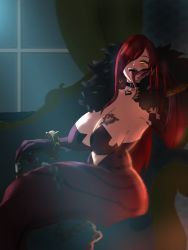 Rule 34 | 1girl, action taimanin, artist request, astaroth (taimanin asagi), breast tattoo, breasts, cleavage, curvy, dress, huge breasts, large breasts, long hair, long tongue, looking at viewer, navel, red hair, sharp teeth, sitting, smile, solo, taimanin (series), tattoo, teeth, tongue, very long hair, yellow eyes