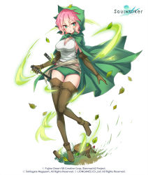 Rule 34 | 1girl, aqua eyes, boots, breasts, brown footwear, brown gloves, chii aruel, cleavage, cloak, clothing cutout, cosplay, dagger, dungeon ni deai wo motomeru no wa machigatteiru darou ka, elbow gloves, gloves, gradient hair, green shorts, high heel boots, high heels, highres, holding, hood, hooded cloak, knife, kyjsogom, large breasts, leaf, leg up, long hair, looking at viewer, micro shorts, multicolored hair, official art, parted lips, pink hair, ryu lion, ryu lion (cosplay), shirt, shorts, side cutout, sideboob, sleeveless, sleeveless shirt, solo, soulworker, standing, standing on one leg, thigh boots, thighhighs, thighs, v-shaped eyebrows, weapon, white shirt