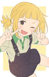 Rule 34 | 1girl, ;d, black overalls, blonde hair, blunt bangs, blush, border, brown eyes, collared shirt, double v, grey shirt, hands up, happy, highres, kise saki, looking at viewer, mitsuboshi colors, one eye closed, open mouth, outline, outside border, overalls, sekina, shirt, short hair, short ponytail, short sleeves, smile, solo, split mouth, v, white border, white outline, yellow background