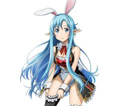 Rule 34 | 1girl, adjusting clothes, adjusting legwear, animal ears, asuna (sao-alo), blue eyes, blue hair, breasts, choker, cleavage, cowboy shot, fake animal ears, floating hair, frilled thighhighs, frills, hairband, leotard, looking at viewer, medium breasts, neck ribbon, parted lips, pointy ears, purple eyes, rabbit ears, red ribbon, ribbon, solo, standing, sword art online, thighhighs, transparent background, white leotard, wrist cuffs