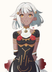 Rule 34 | 1girl, arms behind back, black dress, blunt bangs, blunt ends, blush, breasts, commentary request, dark-skinned female, dark skin, dress, frederica (game), gold trim, hair ornament, highres, looking at viewer, miyahara takuya, open mouth, pointy ears, princess (frederica), short hair, short sleeves, simple background, small breasts, smile, solo, standing, white hair, yellow eyes