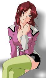 Rule 34 | 1girl, adjusting hair, artist request, breasts, crossed legs, female focus, flay allster, green thighhighs, grey eyes, gundam, gundam seed, large breasts, long hair, open clothes, open shirt, red hair, shirt, side slit, sitting, skirt, solo, thighhighs, uniform