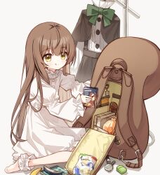 Rule 34 | 1girl, :q, ankle cuffs, backpack, bag, banana, barefoot, black capelet, black skirt, blush, bow, brown eyes, brown hair, capelet, capelet removed, closed mouth, commentary request, dress, fake tail, food, fruit, green bow, hair between eyes, holding, long hair, long sleeves, original, puffy long sleeves, puffy sleeves, shirt, unworn shirt, sitting, skirt, unworn skirt, smile, solo, squirrel girl (yuuhagi (amaretto-no-natsu)), squirrel tail, suspender skirt, suspenders, tail, tongue, tongue out, very long hair, wariza, white dress, white shirt, yuuhagi (amaretto-no-natsu)