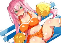 Rule 34 | 1girl, bare shoulders, bench, blush, booch, breasts, cheerleader, cleavage, dutch angle, green eyes, hair intakes, large breasts, long hair, looking at viewer, navel, original, pink hair, shiny skin, sitting, smile, solo, thighs, twintails, upskirt, white legwear
