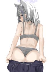 Rule 34 | 1girl, absurdres, animal ear fluff, animal ears, ass, blue archive, blue eyes, bra, closed mouth, clothes pull, commentary request, cross hair ornament, disuto, from behind, grey bra, grey hair, grey panties, hair ornament, halo, highres, looking at viewer, panties, purple halo, shiroko (blue archive), short hair, simple background, skirt, skirt pull, smile, solo, underwear, white background