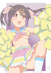 Rule 34 | 1girl, :d, absurdres, bare shoulders, black hair, blue sailor collar, border, breasts, brown eyes, cheerleader, clothes writing, commentary, frilled skirt, frills, hair between eyes, hair ornament, hair ribbon, hairclip, highres, kebakebasan, knee up, looking at viewer, medium breasts, medium hair, midriff, multicolored hair, navel, official alternate costume, onii-chan wa oshimai!, open mouth, outside border, oyama mihari, panties, pink skirt, pleated skirt, pom pom (cheerleading), purple background, purple hair, ribbon, sailor collar, signature, simple background, skirt, smile, socks, solo, twintails, two-tone hair, underboob, underwear, white border, white panties, white socks