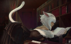 Rule 34 | 1girl, animal ears, bent over, black dress, book, bookshelf, cat ears, cat tail, dark-skinned female, dark skin, desk, dress, final fantasy, final fantasy xiv, gloves, highres, holding, holding book, library, looking at viewer, miqo&#039;te, open book, partially fingerless gloves, reading, revision, short hair, solo, tail, themaestronoob, variant set, white hair, y&#039;shtola rhul