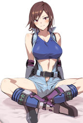 Rule 34 | 1girl, absurdres, arms behind back, asymmetrical bangs, belt, black footwear, blue jumpsuit, blue shirt, blue socks, blush, breasts, brown hair, closed mouth, crop top, crossed legs, elbow pads, formal, full body, grin, highres, hiiragi yuuichi, indian style, jumpsuit, kazama asuka, looking at viewer, medium breasts, midriff, namco, open jumpsuit, pant suit, pants, parted bangs, partially unzipped, red eyes, shin guards, shirt, shoes, short hair, short jumpsuit, simple background, sitting, sleeveless, smile, socks, solo, striped clothes, striped socks, suit, tekken, thighs, toned, white background, zipper