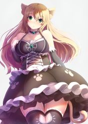 Rule 34 | 1girl, animal ears, bare shoulders, black dress, black thighhighs, blonde hair, blush, breasts, cat cutout, cat ears, cat tail, choker, clothing cutout, cowboy shot, dress, frilled choker, frills, green eyes, hair between eyes, large breasts, long hair, looking at viewer, nicoby, original, parted lips, paw print, solo, tail, thighhighs