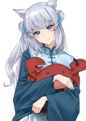 Rule 34 | 1girl, animal ears, blue eyes, blush, cat ears, chinese clothes, commission, commissioner upload, double bun, flower, hair bun, hair flower, hair ornament, highres, holding, holding stuffed toy, indie virtual youtuber, long hair, long sleeves, looking at viewer, nillith, sash, shei (vtuber), silver hair, simple background, smile, solo, stuffed animal, stuffed crab, stuffed toy, tsurime, upper body, virtual youtuber, white background