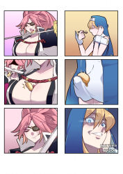 Rule 34 | 1boy, 1girl, 3koma, artist name, baiken, biting, blonde hair, blue eyes, breasts, bridget (guilty gear), bulge, butter sugoi, cleavage, closed eyes, comic, commentary request, dropping, eating, erection, erection under clothes, eyepatch, facial mark, forehead mark, glowing, glowing eye, grin, guilty gear, guilty gear xrd, guilty gear xx, habit, highres, holding, holding spoon, holding sword, holding weapon, large breasts, multiple 3koma, object on breast, pink eyes, pink hair, scar, scar across eye, shaded face, silent comic, smile, spoon, sword, trap, watermark, weapon