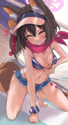 Rule 34 | 1girl, animal ear fluff, animal ears, arm support, bikini, black hair, blue archive, breasts, cleavage, collarbone, commentary request, denim, denim shorts, fox ears, fox girl, fox tail, hair between eyes, hair ornament, highres, izuna (blue archive), izuna (swimsuit) (blue archive), kneeling, looking at viewer, medium breasts, medium hair, naughty face, navel, official alternate costume, one side up, scarf, scrunchie, short shorts, shorts, sidelocks, simple background, smile, solo, stomach, striped bikini, striped clothes, swimsuit, tail, visor cap, white background, wrist scrunchie, yellow eyes, yucblossom