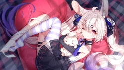 Rule 34 | 1girl, ahoge, animal, animal ear fluff, animal ears, animal hug, barefoot, bison cangshu, black hair, black ribbon, black skirt, bow, bowtie, couch, facial mark, full body, hair ornament, hair ribbon, hairclip, high-waist skirt, highres, long hair, long sleeves, looking at viewer, lying, no shoes, on couch, on side, one eye closed, original, purple bow, purple bowtie, purple hair, rabbit, rabbit ears, red eyes, ribbon, shirt, short eyebrows, single thighhigh, skirt, solo, striped clothes, striped thighhighs, thick eyebrows, thigh strap, thighhighs, twintails, very long hair, white hair, white shirt, x hair ornament