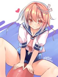 Rule 34 | 1girl, ahoge, blue one-piece swimsuit, blue sailor collar, dated, hair ornament, highres, i-58 (kancolle), kantai collection, neckerchief, necktie, one-hour drawing challenge, one-piece swimsuit, pink hair, pink neckwear, red eyes, sailor collar, sailor shirt, school swimsuit, school uniform, serafuku, shirt, short hair, sitting, smile, solo, straddling, swimsuit, swimsuit under clothes, takase muh, torpedo, twitter username, two-tone background, type 95 torpedo