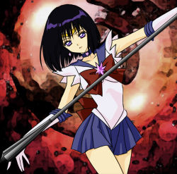 Rule 34 | 1girl, bishoujo senshi sailor moon, black hair, bow, brooch, brown bow, cowboy shot, earrings, elbow gloves, expressionless, gloves, gradient background, hamutarou, jewelry, magical girl, purple eyes, purple skirt, red background, sailor collar, sailor saturn, short hair, silence glaive, skirt, solo, staff, star brooch, tiara, tomoe hotaru, white gloves