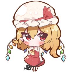 Rule 34 | 1girl, absurdres, ascot, blonde hair, chibi, closed mouth, flandre scarlet, frilled shirt collar, frills, full body, hair between eyes, hat, hat ribbon, highres, holding, laevatein (touhou), looking at viewer, mitsuno ichigo, mob cap, multicolored wings, pointy ears, puffy short sleeves, puffy sleeves, red eyes, red ribbon, red skirt, red vest, ribbon, shirt, short sleeves, simple background, skirt, solo, touhou, vest, white background, white hat, white shirt, wings, yellow ascot