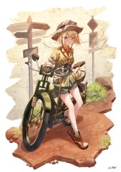 Rule 34 | 1girl, absurdres, blonde hair, blue eyes, boots, brown footwear, gloves, hair ornament, hat, highres, hololive, hololive english, holomyth, huge filesize, jacket, jl tan, leaning against motorcycle, leaning on object, motor vehicle, motorcycle, nature, necktie, outdoors, pocket watch, safari jacket, short hair, short shorts, short sleeves, shorts, solo, virtual youtuber, watch, watson amelia