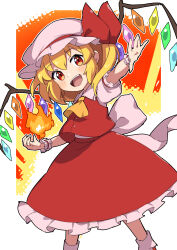 Rule 34 | 1girl, :d, absurdres, ascot, blonde hair, crystal, fire, flandre scarlet, hat, hat ribbon, highres, looking at viewer, miz (mizillustration), mob cap, open mouth, outside border, pink hat, puffy short sleeves, puffy sleeves, red eyes, red ribbon, red skirt, red vest, ribbon, shirt, short hair, short sleeves, skirt, smile, solo, teeth, touhou, upper teeth only, vest, white shirt, wings, wrist cuffs, yellow ascot
